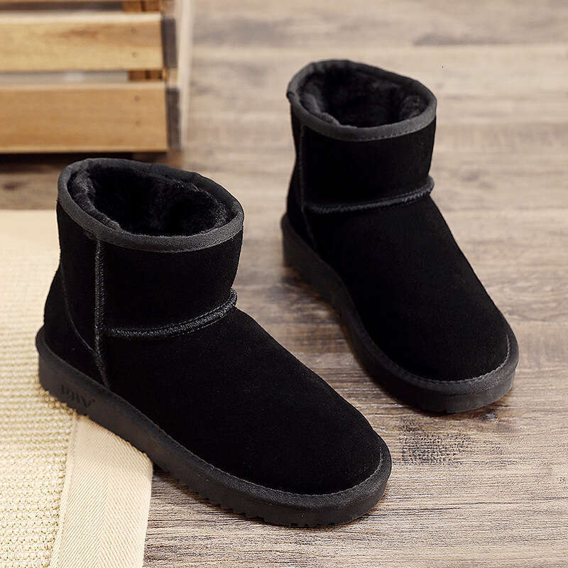 EBV Cowhide Snow for Women, Short Boots, Sheepskin Integrated, Versatile Women's Cotton Shoes, Leather Boots with Fleece and Thickened