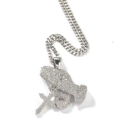 Mens Trendy 14K Gold Plated Moissanite Diamond Pendant Necklace Hip Hop Style with Praying Hands Design Fashion Jewelry