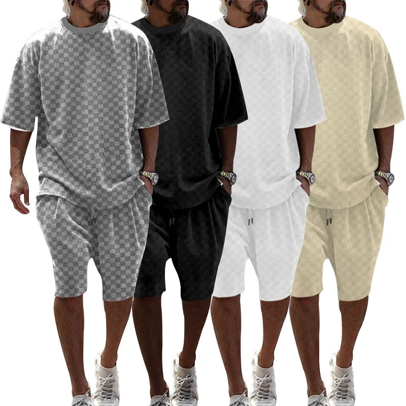 Cross-border Mens Summer Plaid Short Sleeve Loose Large Size Straight Casual Shorts Set 250617
