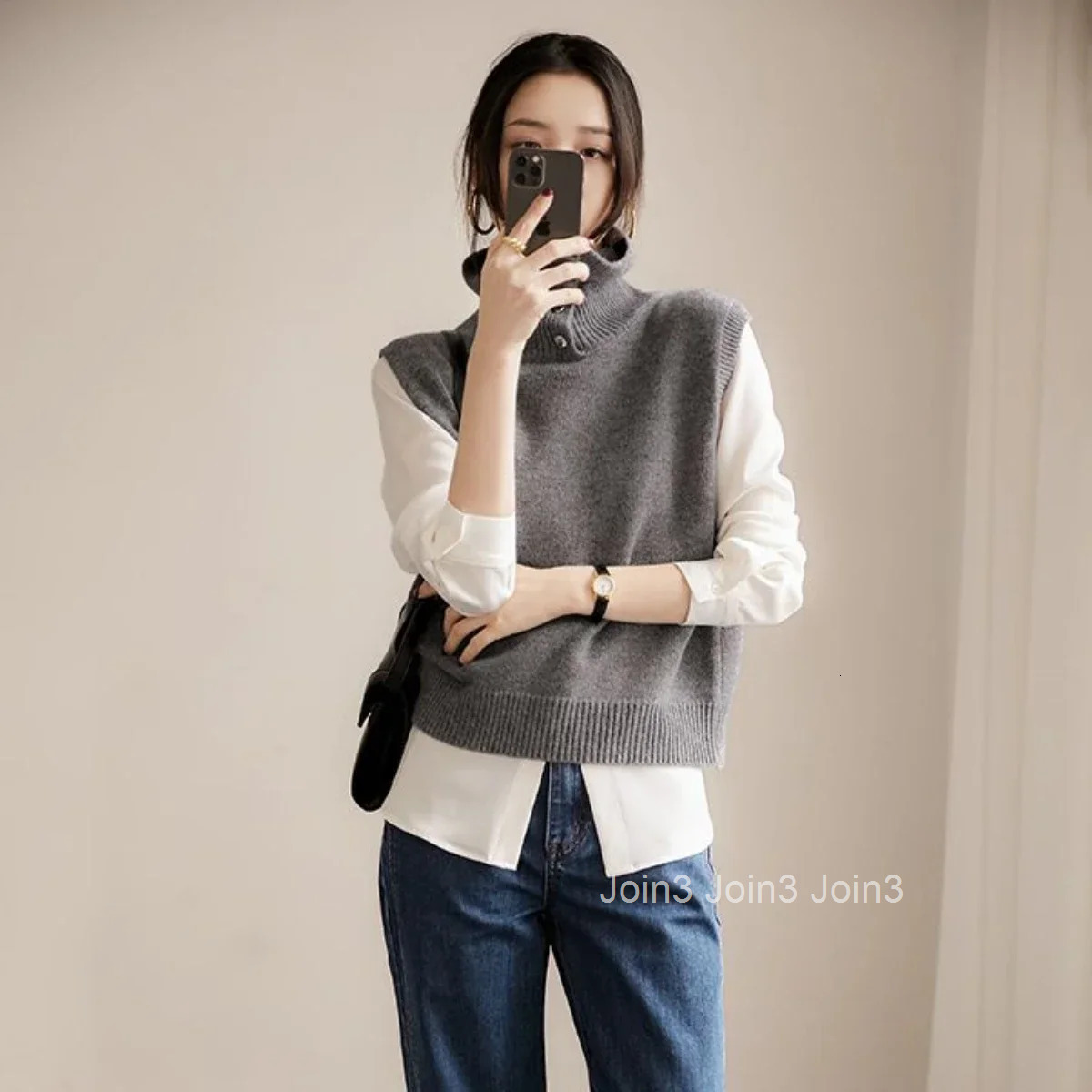 Winter Button Ladies Sweaters Grey Knitted Top for Women Gigh Neck Jerseys Vest Turtleneck Autumn 2025 Cold Jumper Korean Luxury