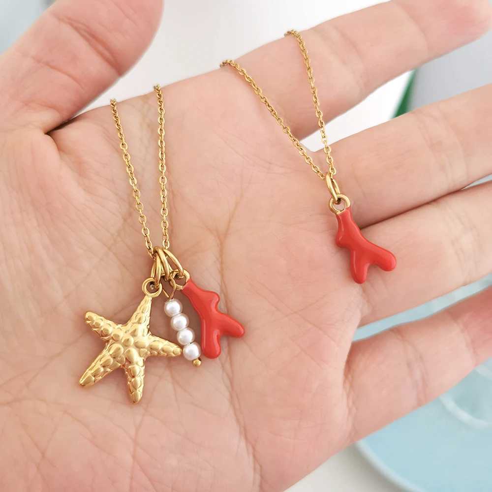 QMHJE Women Necklace Stainless Steel Ocean Starfish Fish Shell Pearl Coral Multiple Pendants Slim Choker Gold Color Wholesale W250618