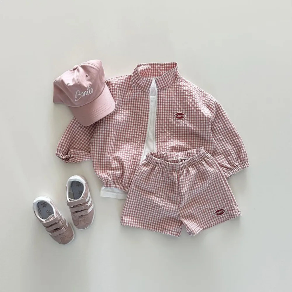 22461 Children Clothing Set Korean Boys Summer Suit Leisure Thin Plaid Zipper Sunscreen CoatShort Two Piece Suit 250617