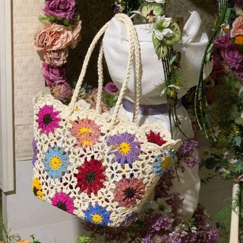 Fashion Vintage Flowers Handmade Knitting Crochet Shoulder Knitted Handbags Tote Women Designer Female Hand Bag