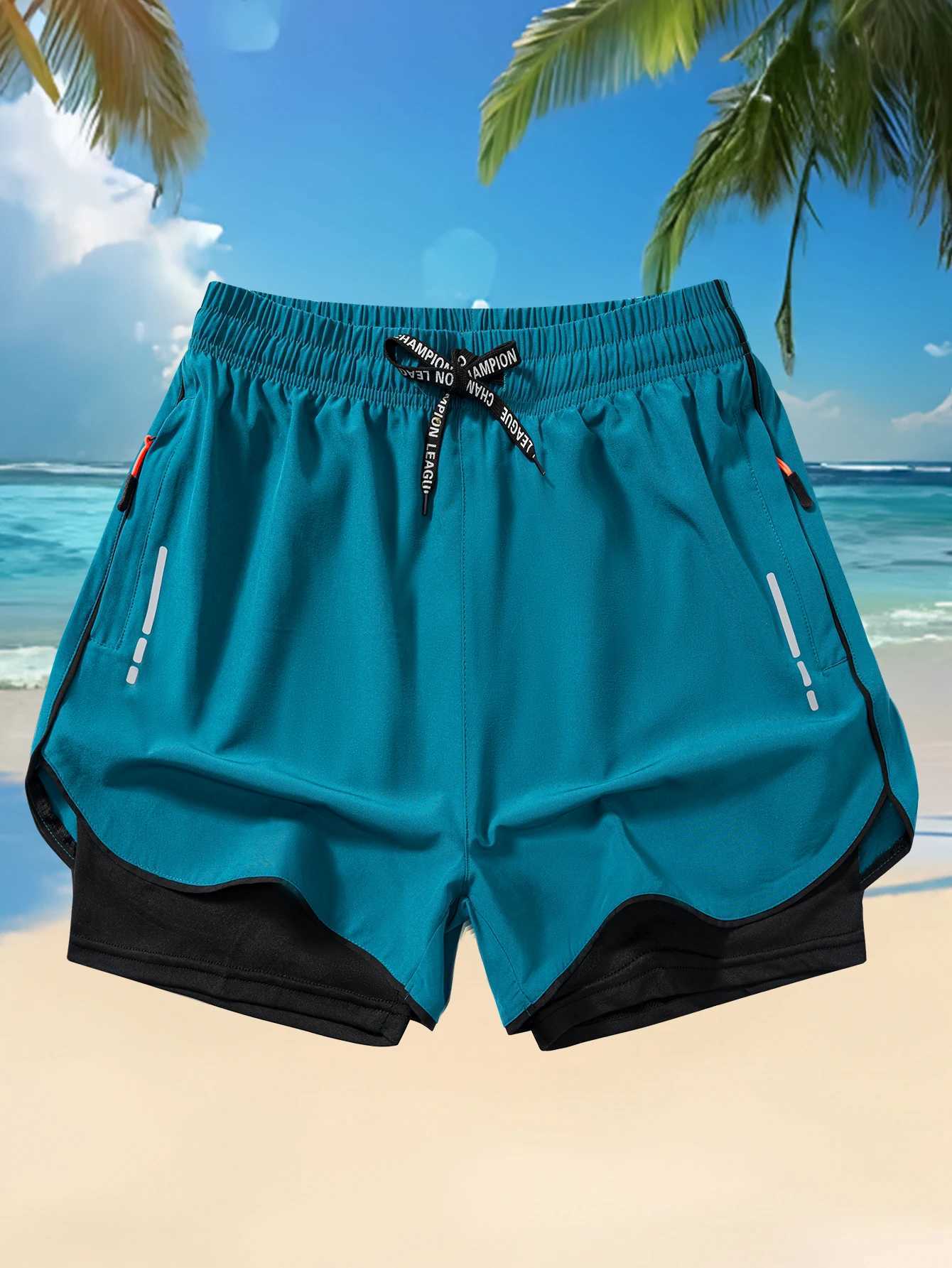 Mens Summer Running Shorts with Zipper Pockets - Breathable Polyester Elastic Waistband Drawstring Split Hem for Gym Training XJ250618