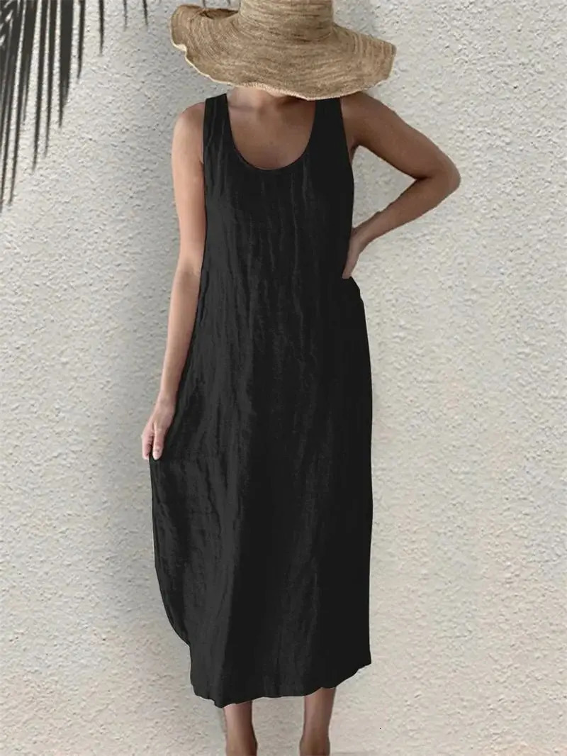 Women Comfortable Casual Cotton Linen Dresses Summer Solid Color Side Pockets Dress Female O Neck Pullover Sleeveless Gown 250618