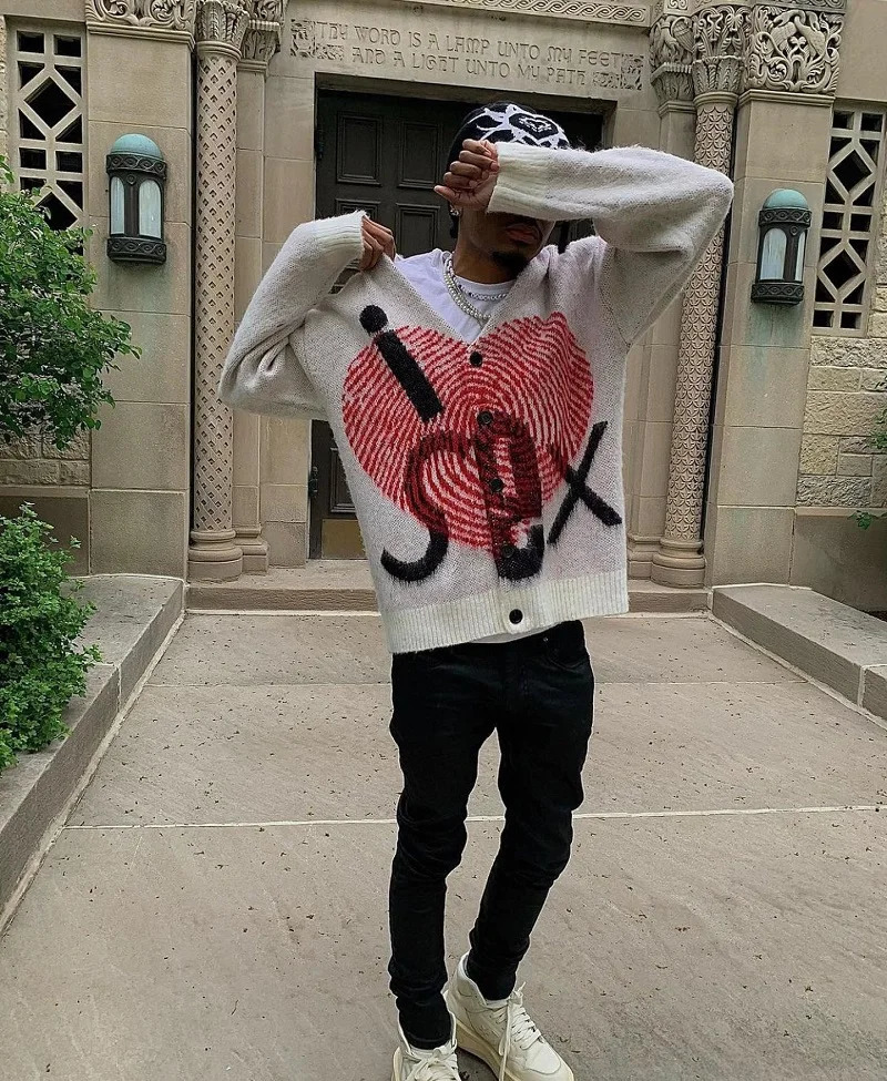 Harajuku love Red pattern knitted buttoned Cardigan sweater punk rock gothic vintage Unisex Y2K Loose Vintage O Neck Knitwear 250617