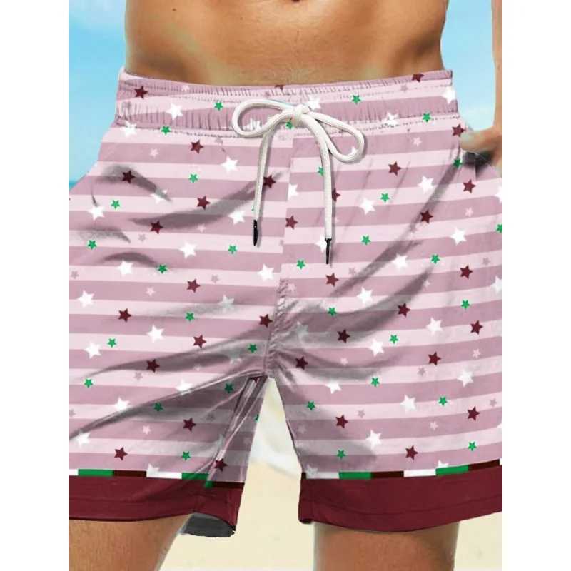 Fun Little Star Graphic Swim Trunk For Men Colorful Stripes 3D Print Short Pants Summer Loose Harajuku Sport Street Board ShortsXJ250618