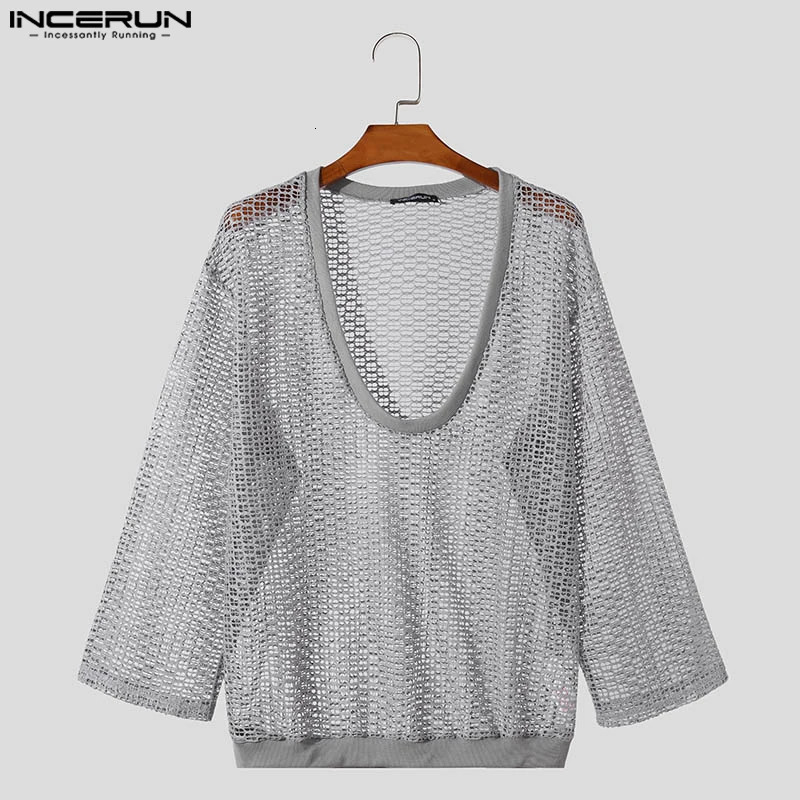 INCERUN Men T Shirts V Neck 3/4 Sleeve Mesh Transparent Sexy Casual Camisetas Streetwear Hollow Out Fashion Men Clothing 250617