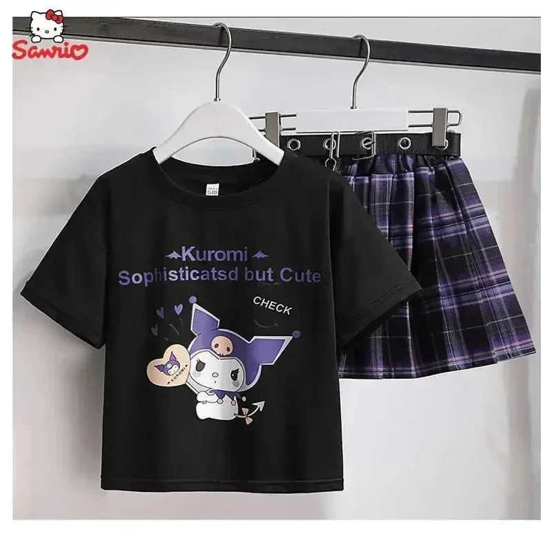Sanrio Kawaii Kuromi Short Sleeves Skirt Suit Sanrio Anime Child Preppy Style T-shirt Pleated Skirt Student Fashion Trend JK Uniform TwXJ250618