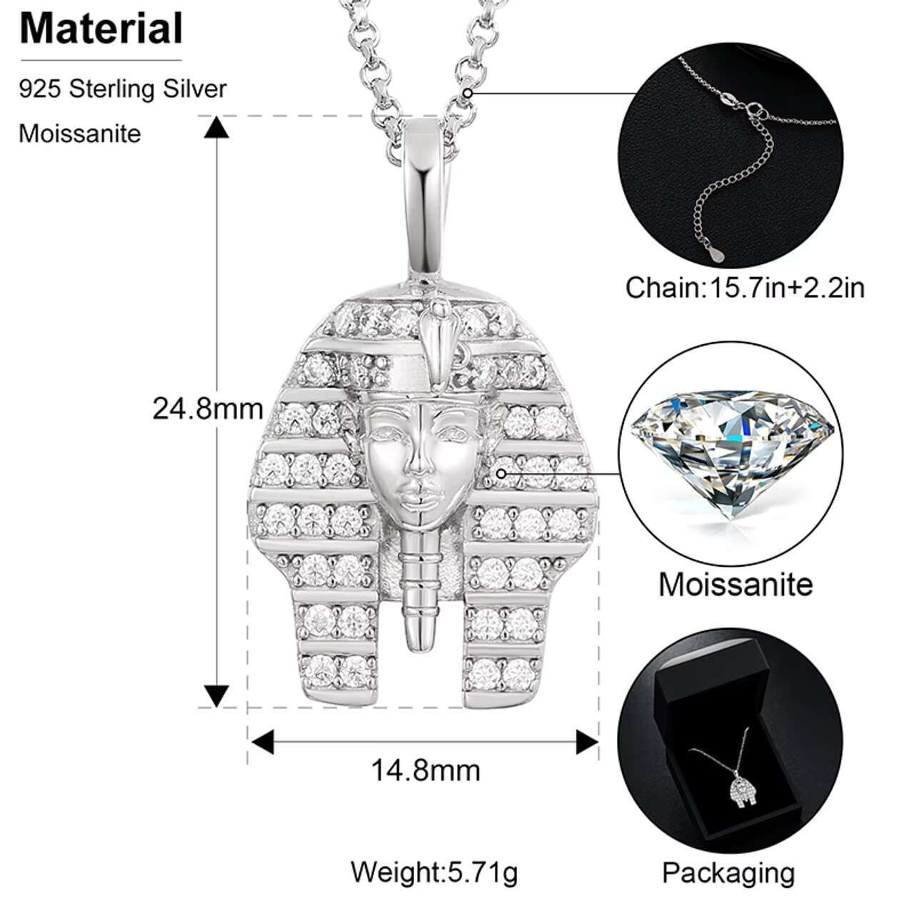 Luxury Ancient Egyptian Pharaoh King Hip Hop Style Chain Necklace with Moissanite Pendants Charms