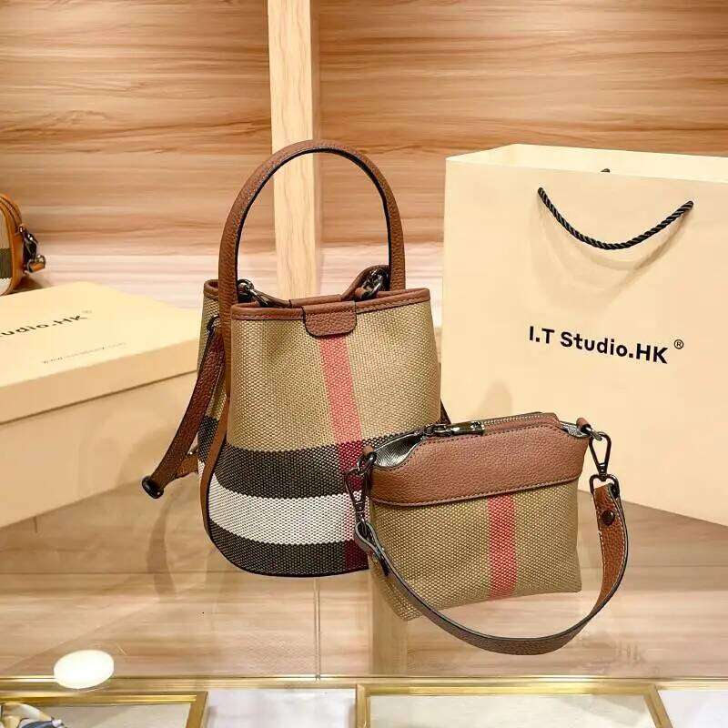 Canvas Genuine Leather Women Fashion Barrel Bucket One Shoulder Crossbody Bags Female Purses And Handbags Ladies Bag