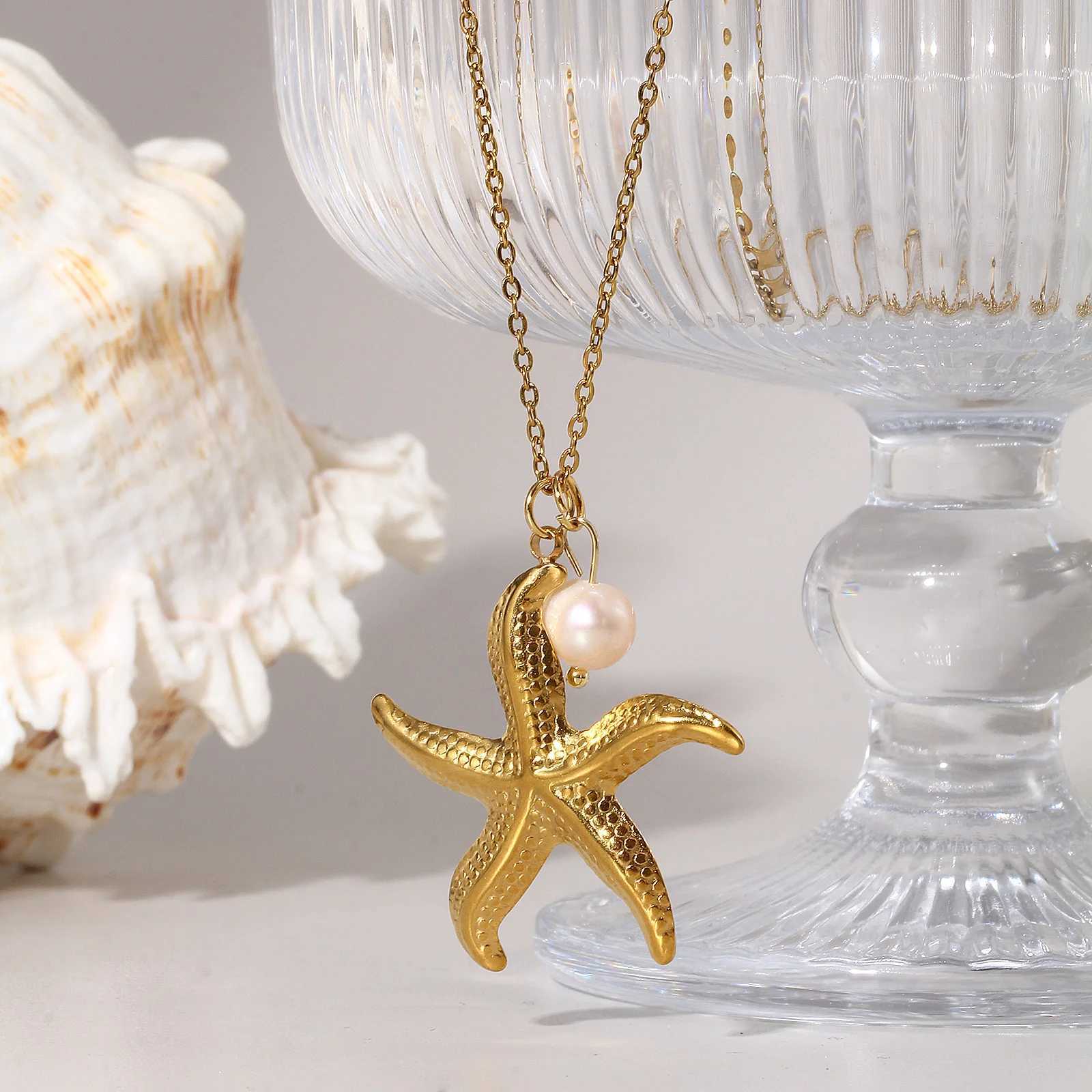 Ocean Jewelry 18K Real Gold Plated 304 Stainless Steel Natural Pearl Link Cable Chain Pendant Charm Necklace For Women Gift W250618