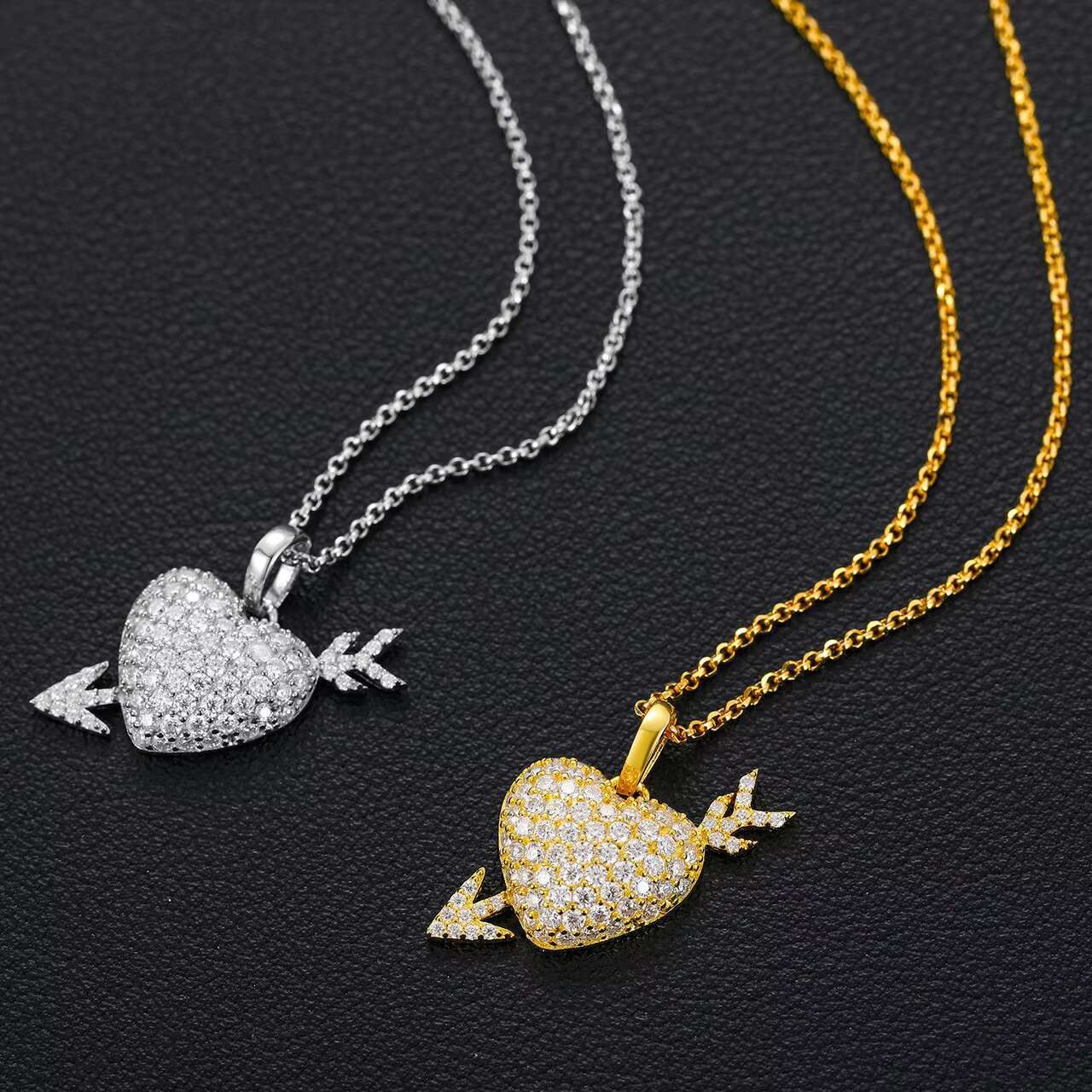 Luxury Solid Sterling Silver Heart with Arrow Pendant Necklace New Design VVS Moissanite Diamond for Men Women