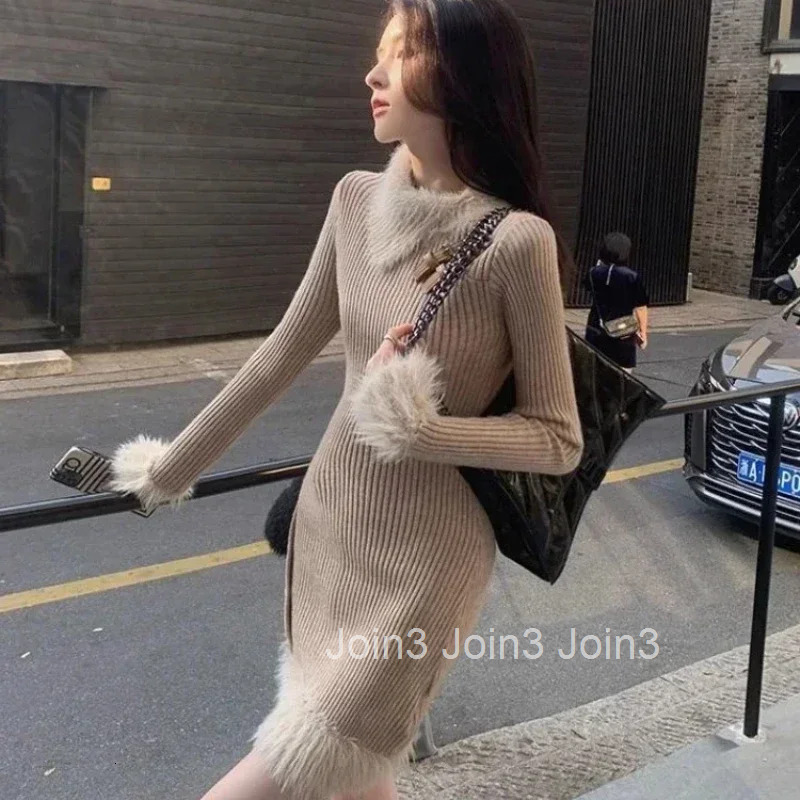 Womens Crochet Dresses Long Sleeve Female Knit Dress Knee Length Midi Cover Up Sensual Sexy One-piece Chic and Elegant Pretty X