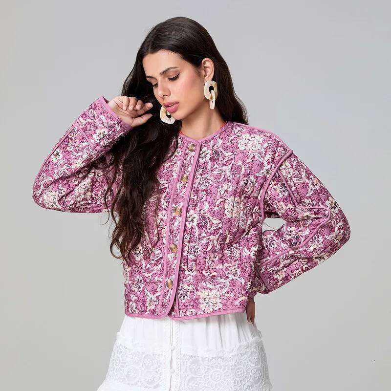 Women Puffer Jacket Autumn Winter Clothes Floral Round Neck Long Sleeve Button Down Cardigan Streetwear