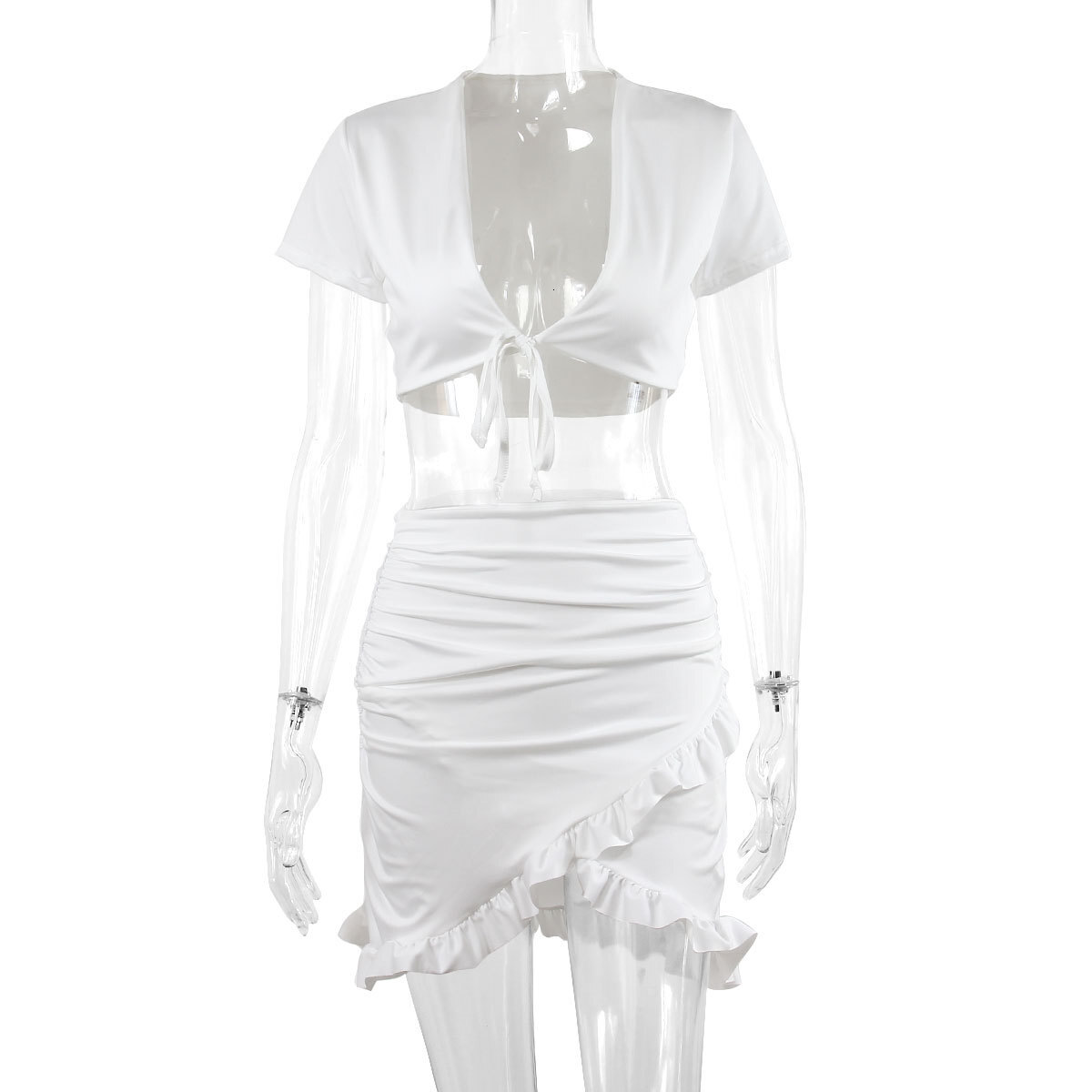 2024 summer new womens two-piece set sexy low cut lace up short skirt with ruffled edges and hip hugging skirt