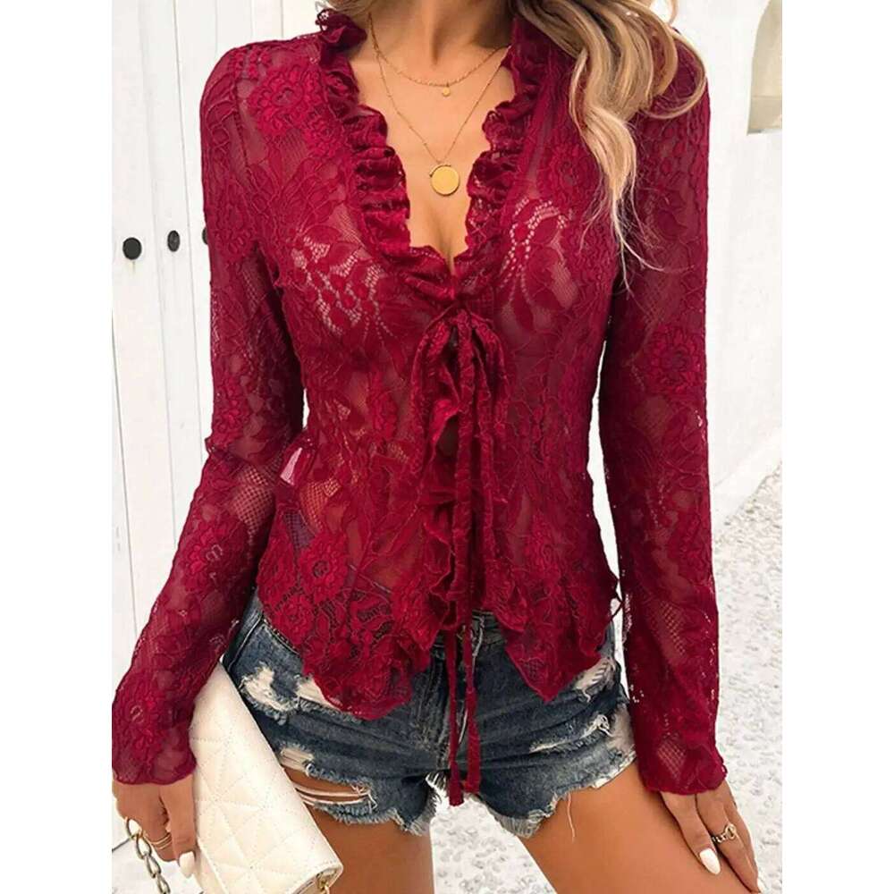Women Gothic Lace Shrug Crop Tops Flare Long Sleeve Vintage Shirts Blouses For Cosplay Role-Playing Party Halloween Costume