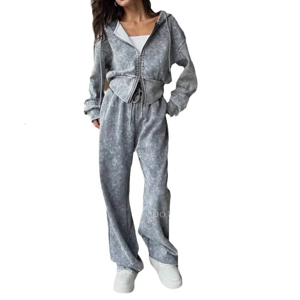 Cross-Border Waterproof Distressed Sweatshirtsuit Women's Long Sleeve Zip-Up Hooded Top Straight-Leg High-Waisted Casual
