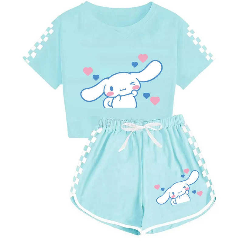 Sanrio Girls Cartoon T-Shirts and Shorts Set Cinnamoroll Kuromi Soft Pajamas Short Sleeve Set Summer Sport Clothes Homewear Gift XJ250618XJ250618