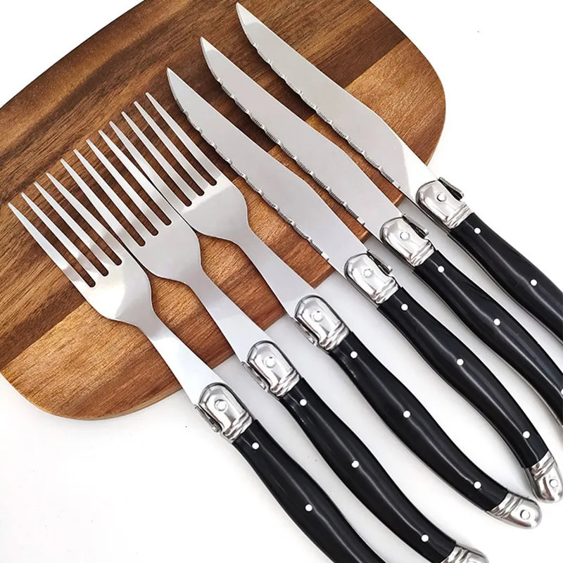8 Laguiole Style Black Steak Knives and Forks Stainless Steel Dinner Fork Plastic Handle Table Knives Dinnerware set 2-10pcs 250618