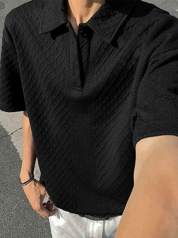 Fashionable Mens Short Sleeve Plaid Texture Polos 2025 Summer Casual Buttoned Lapel Polo Shirt For Men Outdoor Vintage Polo Tops 250617