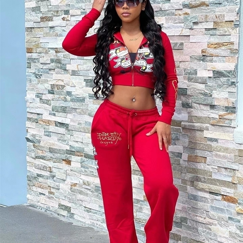 Trendy Street Skull Love Print Basic Zipper Short Cardigan High Waist Straight Trousers Two-piece Set for Women 250617