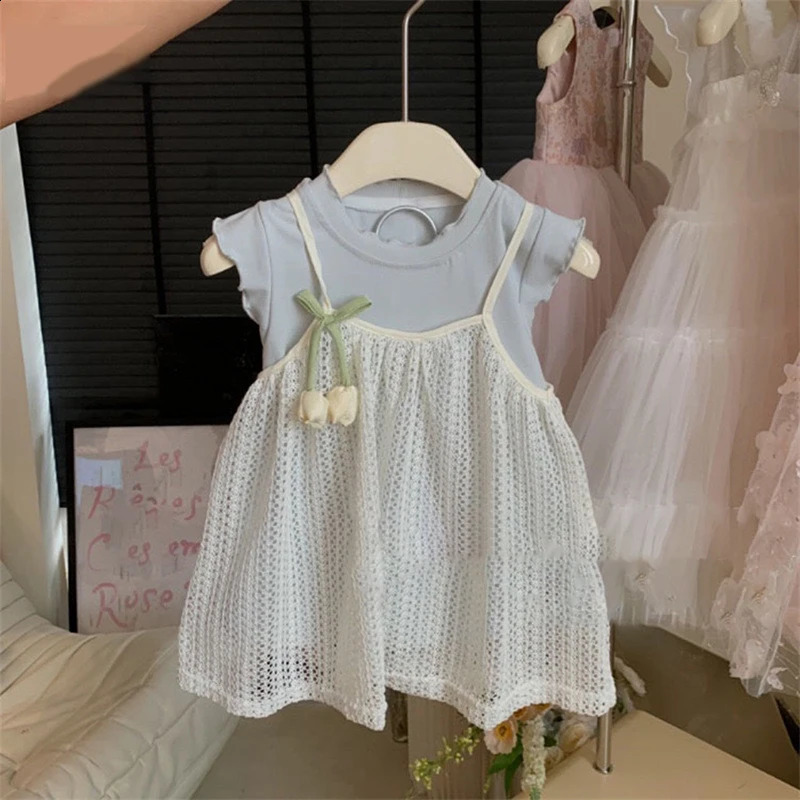 Childrens Clothing 2025 Blue ClothingCamisole Skirt set Summer Sweet Tulip Vest Knitted Skirt Korean Version Baby Set Stylish 250617