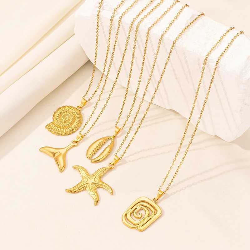 1Pc Stainless Steel Textured Starfish Conch Shell Pendant Women Necklaces Sea Animal Seahorse Shark Men Grunge Collares Jewelry W250618