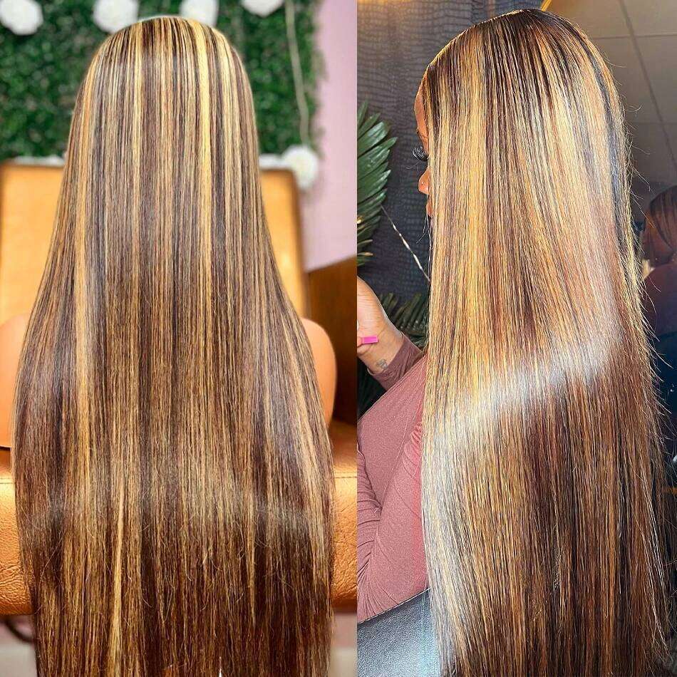 Highlight Glueless Wig Human Hair Ready To Wear Pre Cut Straight Ombre Color 13x6 HD Lace Frontal Wigs For Women Preplucked 100%