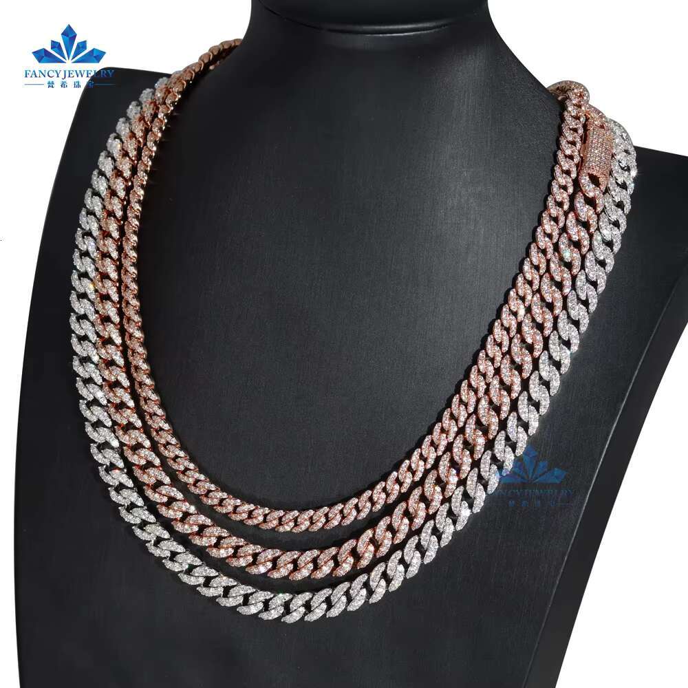 Luxury Hiphop Jewelry VVS Moissanite Miami Cuban Chain 8mm 10mm 12mm 15mm Width 925 Silver Rapper Men Moissanite Cuban Necklace