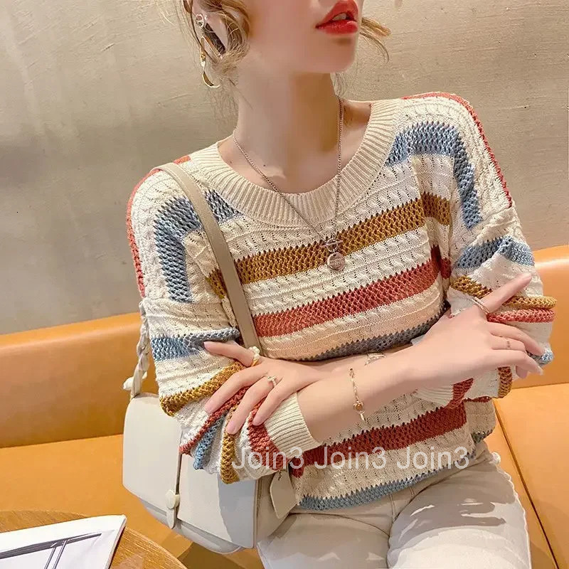 Womens Sweater Round O Neck Knit Tops for Woman Blue Mesh Pullovers Y2k Vintage Trend 2025 Korean Luxury Cold Winter Fashion