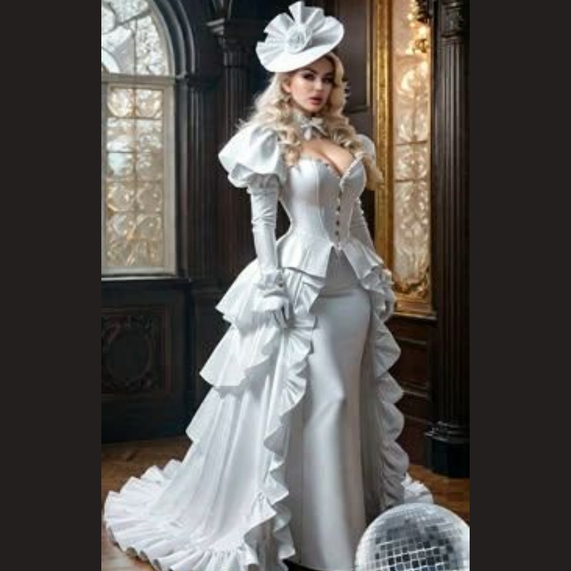 Elegant Victorian Prom Dresses With Detachable Train Puff Long Sleeves White Satin Long Evening Party Gown Corset Vintage Reception Dress Custom Made
