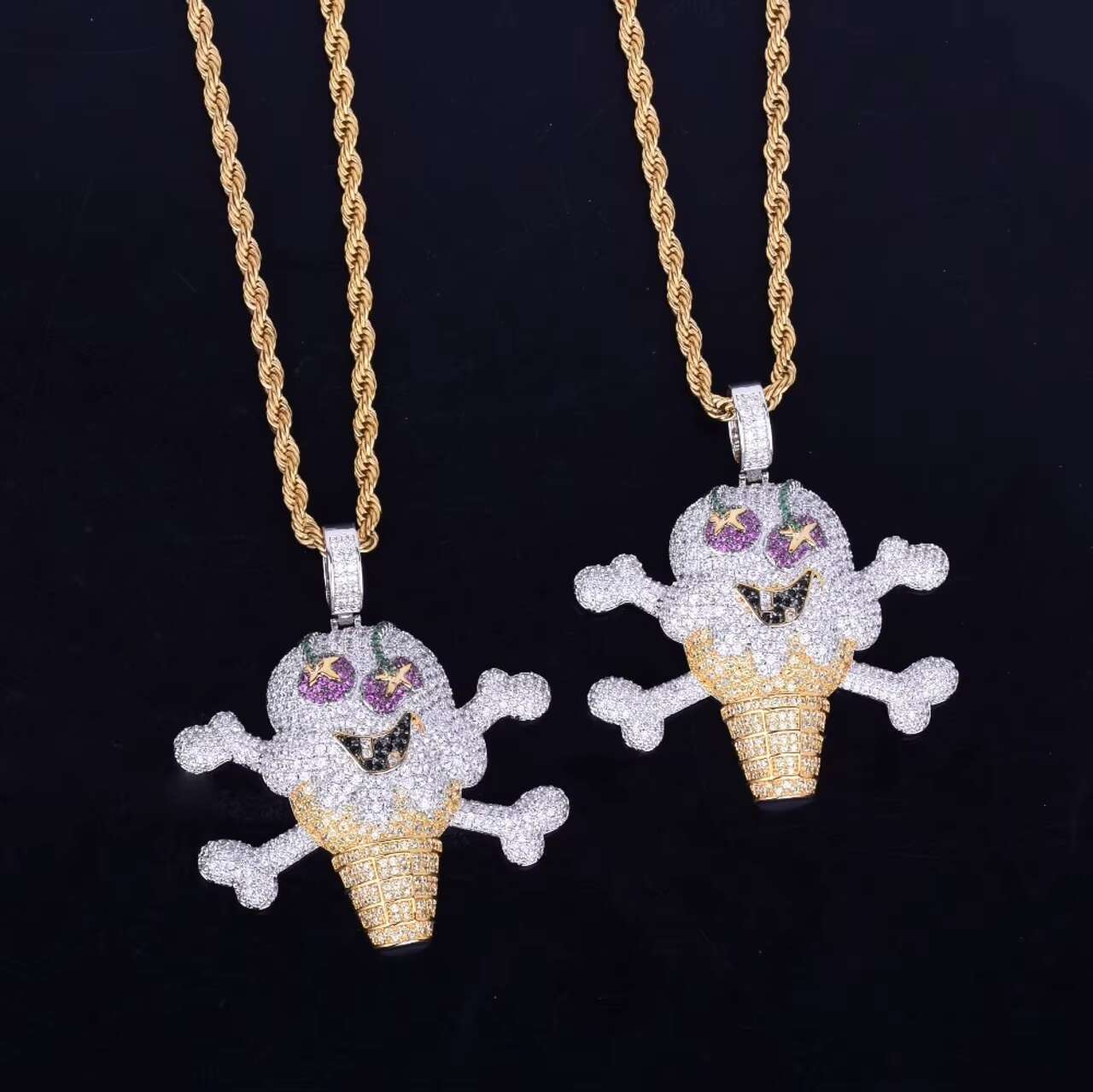 New Arrival 18K Gold and Silver Hip Hop Style Pirate Skull Ice Cream Moissanite Pendants Charms Necklace Charm Set