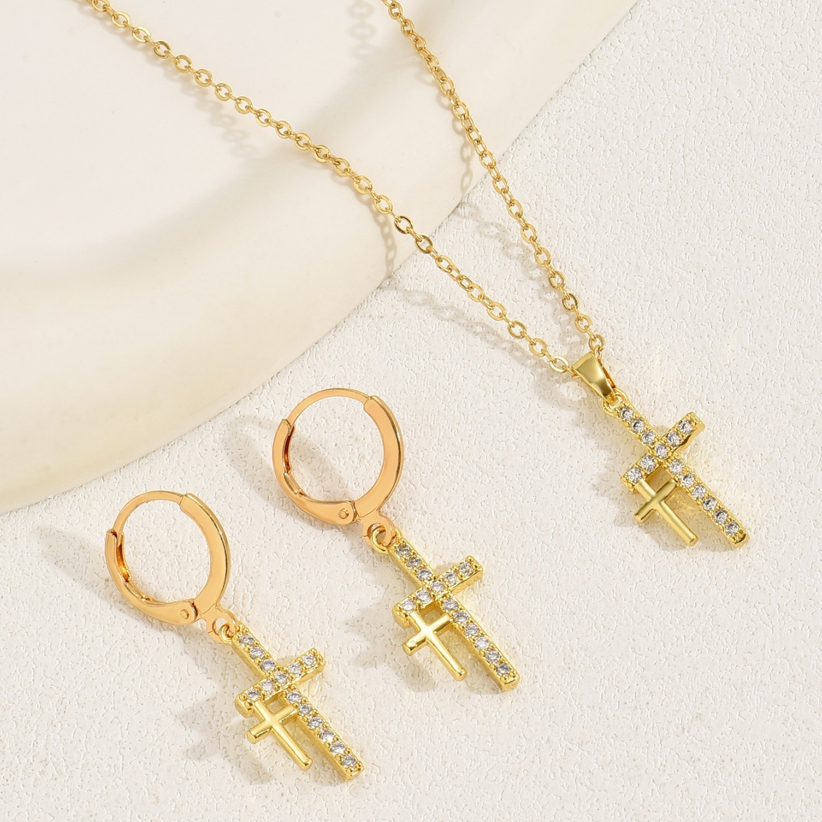 Cross and Earring Light Inlaid Zircon Design Necklace Set Clavicle Chain
