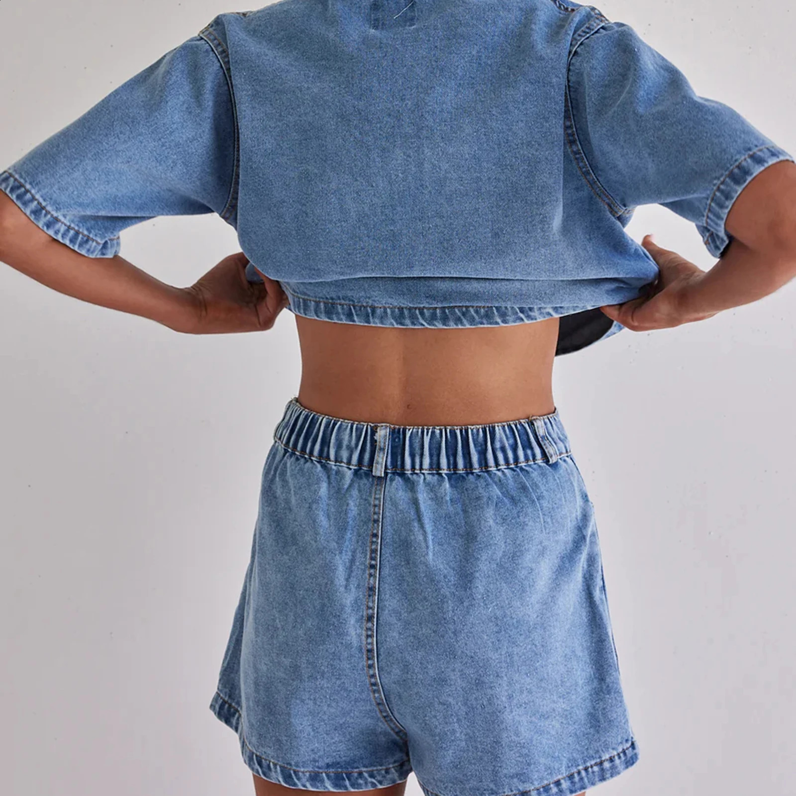 Womens 2 Piece Denim Outfits Y2k Vintage Short Sleeve Lapel Jean Tops and Asymmetrical Shorts Matching Set Streetwear 250614