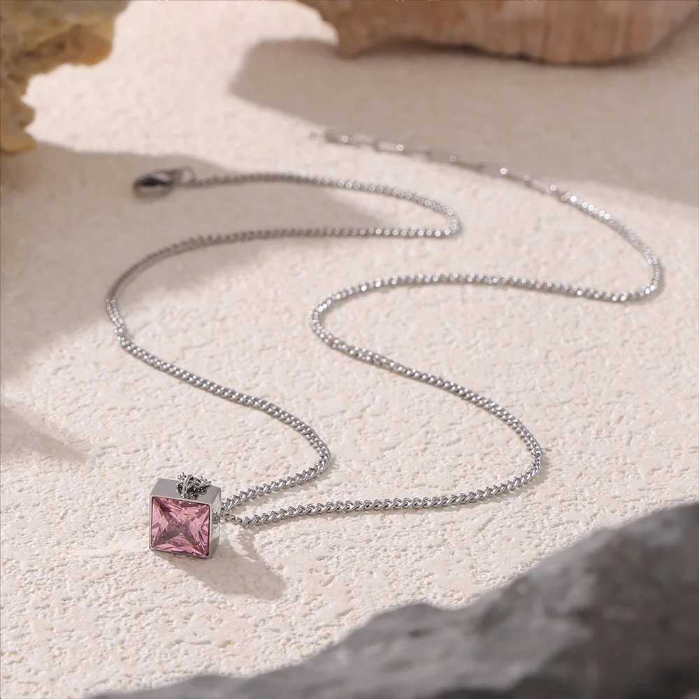 Elegant Square Pink Zircon Pendant Necklace for Women Simple Stainless Steel O Chain Waterproof Daily Jewelry Wholesale W250618