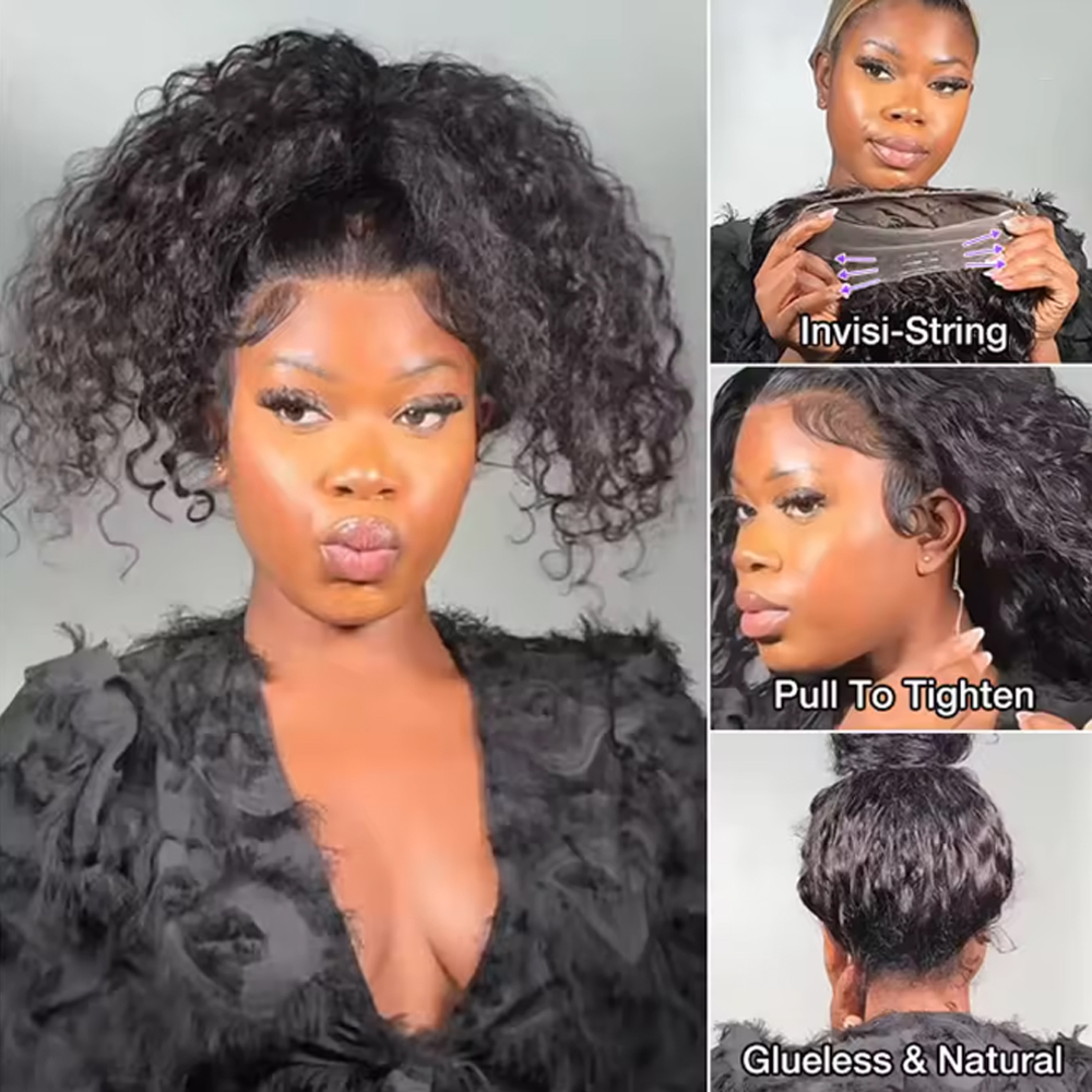 Invisible Strap 360 HD Lace Glueless Wig Human Hair Water Wave 360 Glueless Human Hair Wig 250 Density Deep Wave Lace Frontal Wigs