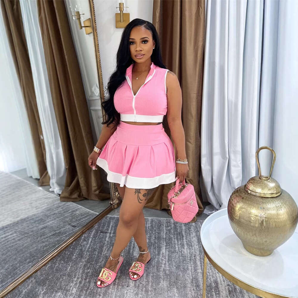 Summer Solid Color Zipper Single Sleeveless Top Waist-Length Casual Short Skirt Set For Women B5