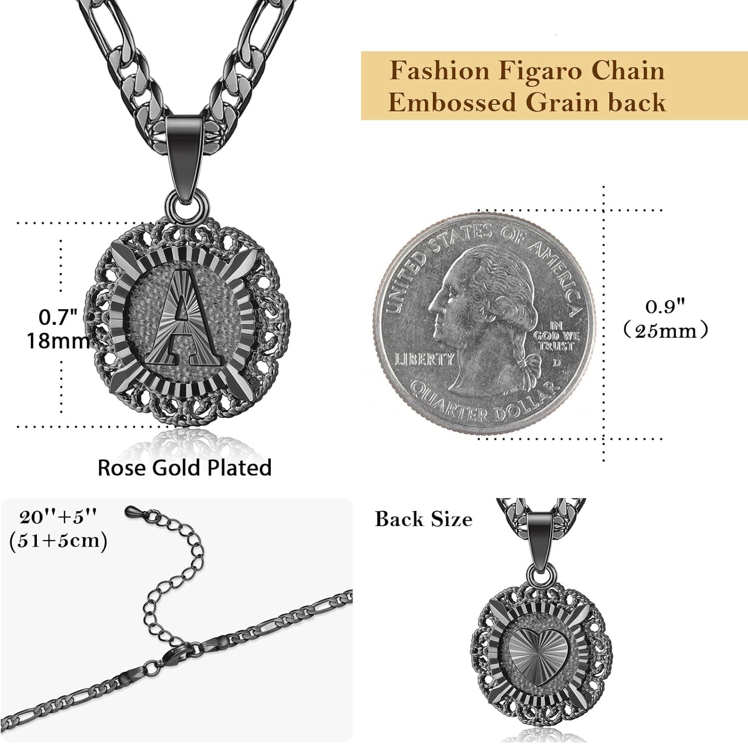 Luxury Women's 14K Gold Plated Round Letter Pendant Necklace Trendy Customizable Capital Letters A-Z Figaro Chain Premium Personalized Jewelry