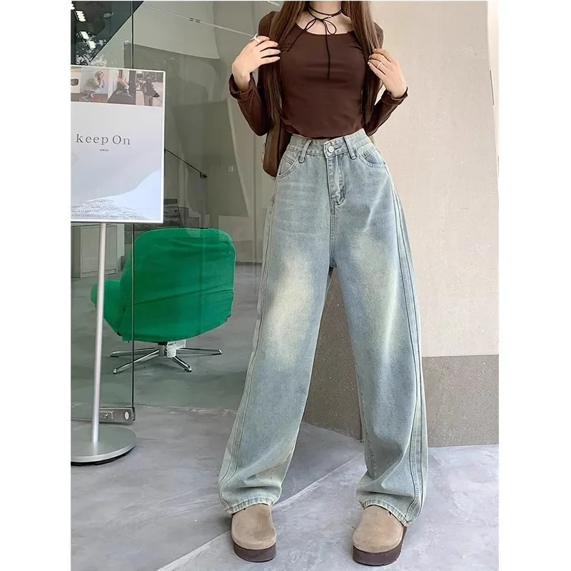 Plus Size Washed Wide Leg American High Street Jeans Womens Spring Autumn Casual Drape Loose Harajuku Straight Leg Pants 250609