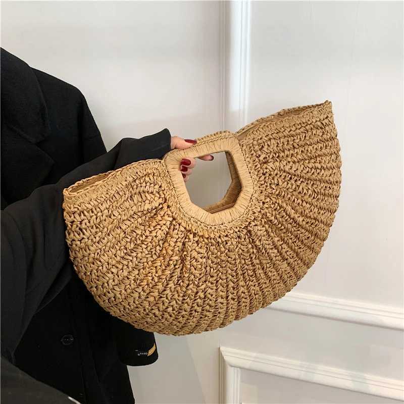 Summer Straw Women Half-moon Beach Handbag Rattan Handmade Handle Fashion Knitted Tote Bag Z250618