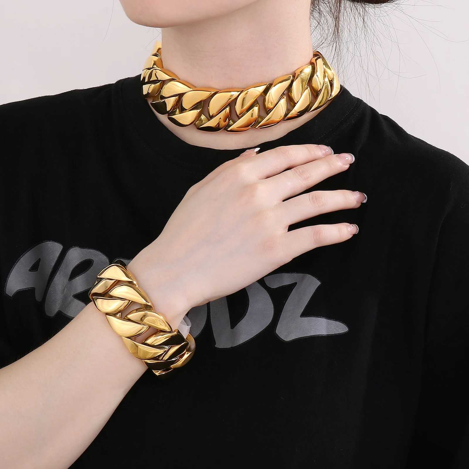 31mm Big Heavy Chunky Cuban Bracelet Necklace Jewelry Set - 316L Stainless Steel - KB49305-D W250618