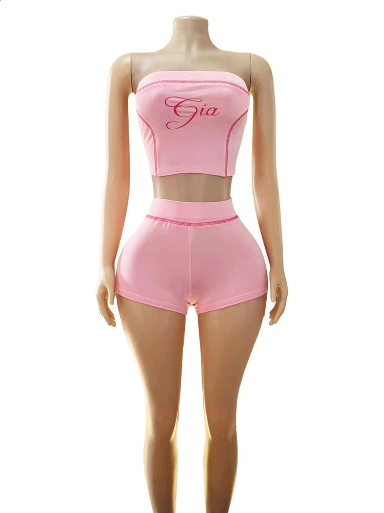 Weird Puss Letter Print Women 2 Piece Set Tracksuit Letter Print Strapless TosShorts Matching Streetwear Skinny Stretch Outfits 250617
