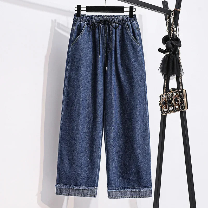 Plus Size Casual Loose Wide Leg Jeans Womens High Waist Straight Leg Pants Cuffed Loose Trousers Denim Jeans Student Fashion 250609