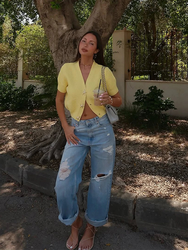 V Neck Knit Yellow Shirt Women Solid Casual Loose Starfish Button Short Sleeved T-shirt 2025 Summer Commuting Lady Tops 250617