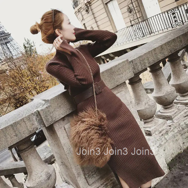 Woman Dress Yellow Dresses for Women Turtleneck Brown Crochet Knitted Outfits Hot Long Sleeve Sensual Sexy Cheap Casual Clothes