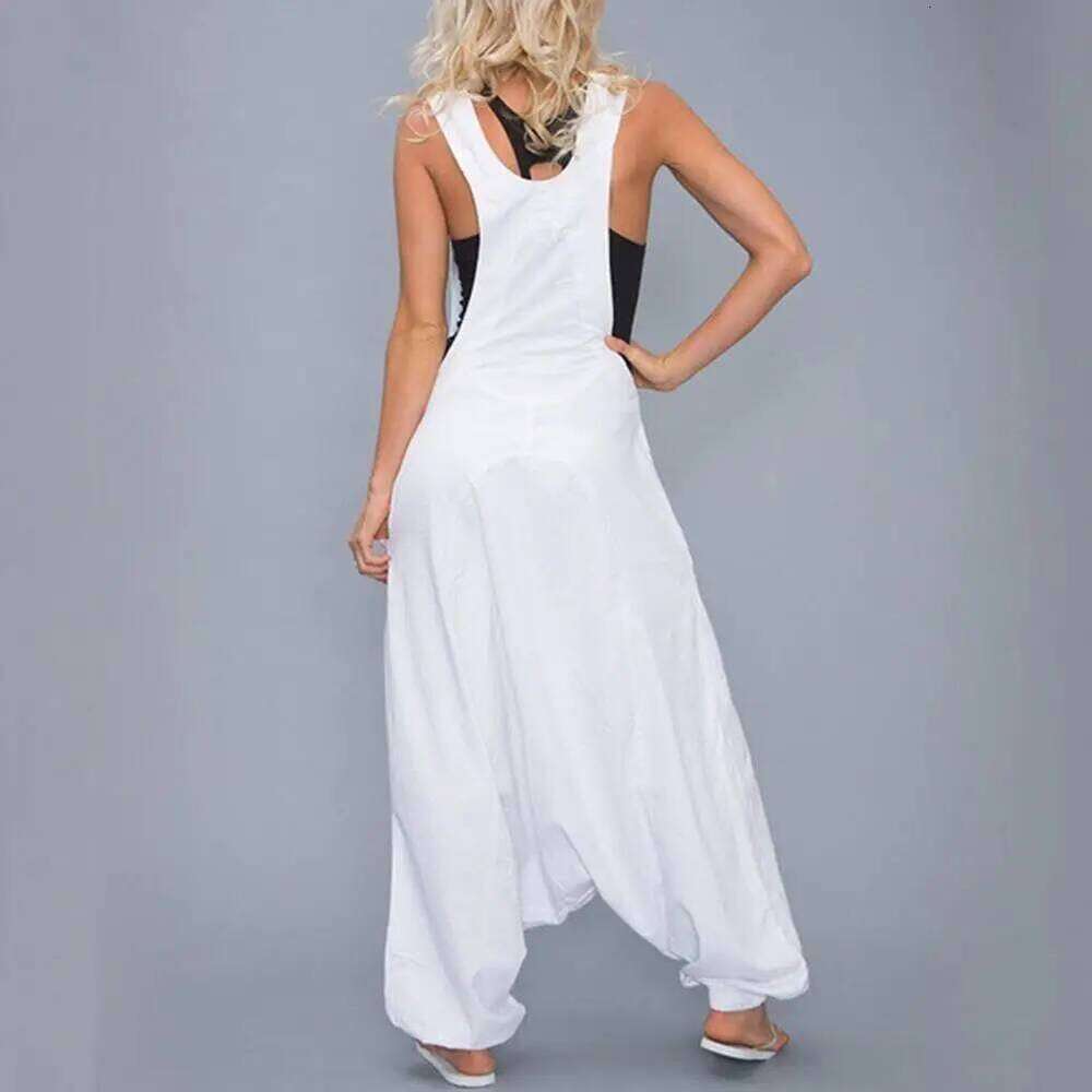 Wear Solid Color Buttons Special Loose Type Sleeveless Jumpsuit Deep U Neck Individual Women Romper Female Clothes