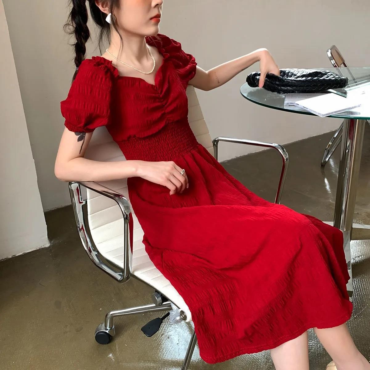 XR188 Retro Square Neck Over-the-Knee Waist Long Skirt Covering Belly