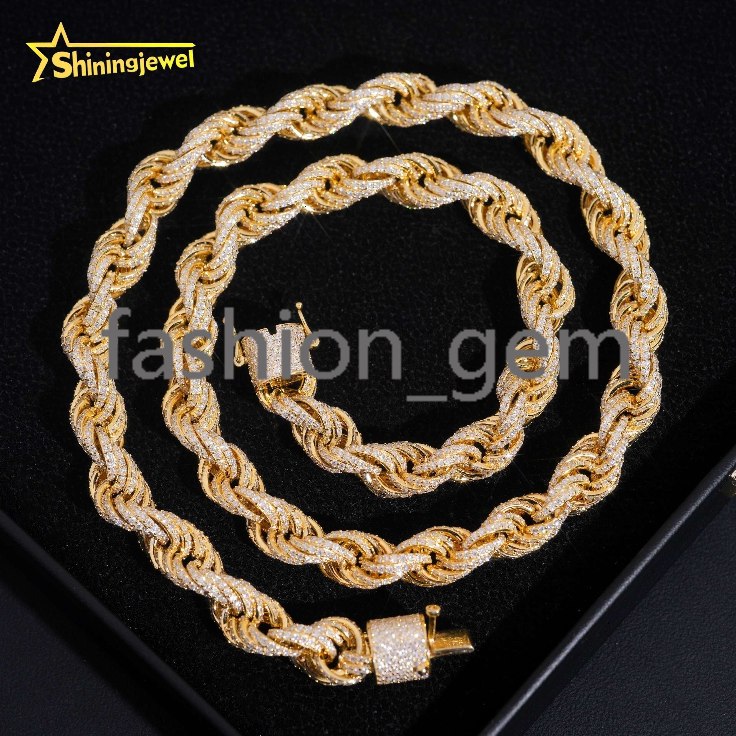 Pass Diamond Tester Hip Hop 10mm 925 Silver Gold Plated Fully Iced Out VVS Moissanite Rope Chain