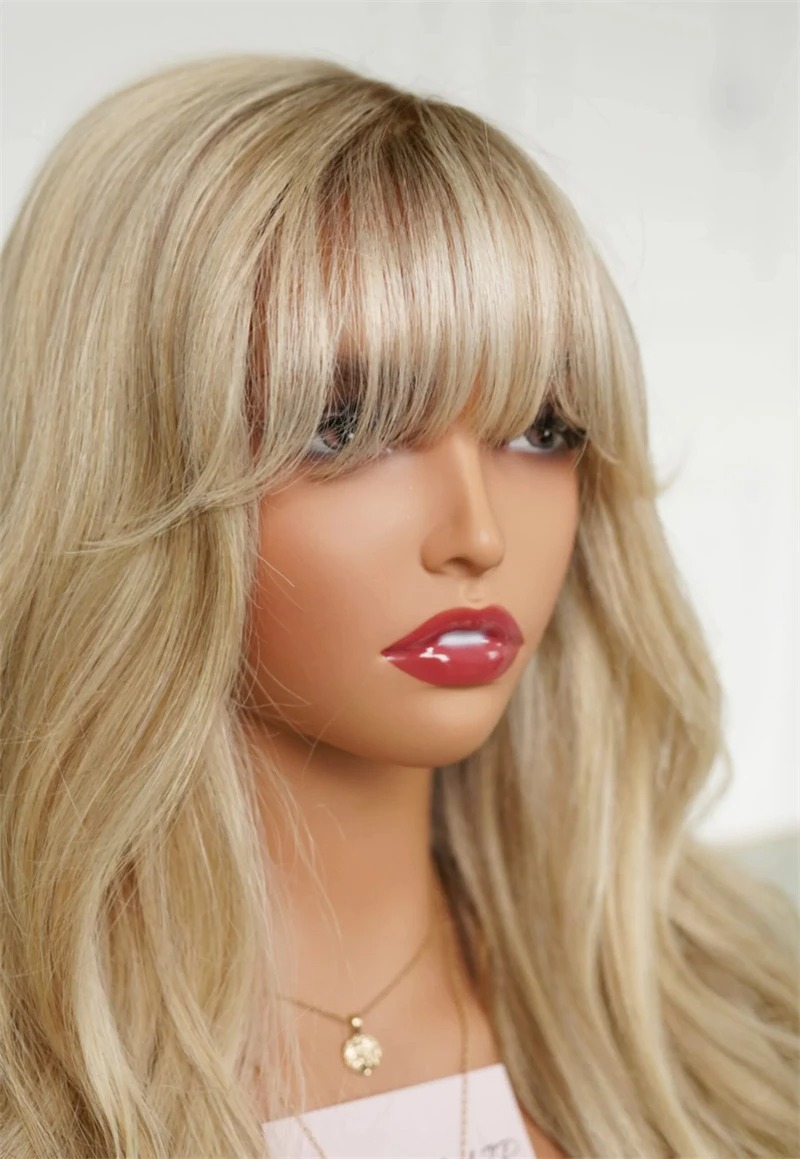 Pre Cut Bangs Wig Ash Blonde Body Wave Wigs 180% Density 13x4 Lace Frontal Wig Bangs Wig Human Hair Lace Front Wig for Women Synthetic